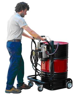 Trolley for 200 l lubricant drum with electrical pump, alternatively with pneumatic pumps.